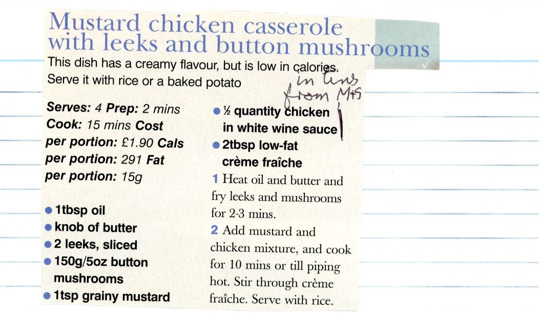 Scan 1 of 2 for Mustard Chicken Casserole with Leeks and Button Mushrooms
