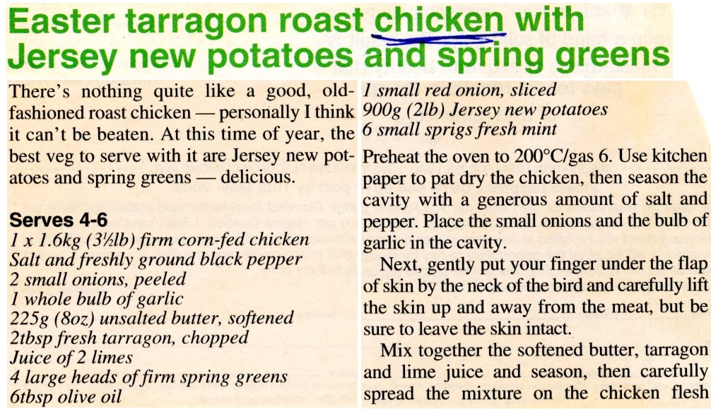 Scan 1 of 1 for Easter Tarragon Roast Chicken with Jersey New Potatoes and Spring Greens