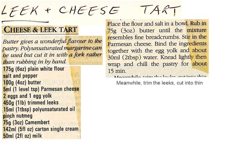Scan 1 of 2 for Cheese & Leek Tart