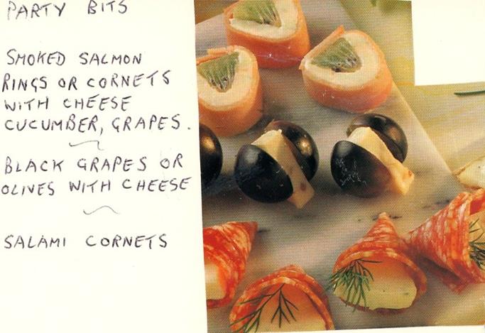 Scan 1 of 1 for Party Bits: Smoked Salmon Rings or Cornets with Cheese, Cucumber, Grapes & Black Grapes, Olives with Cheese, Salami Cornets