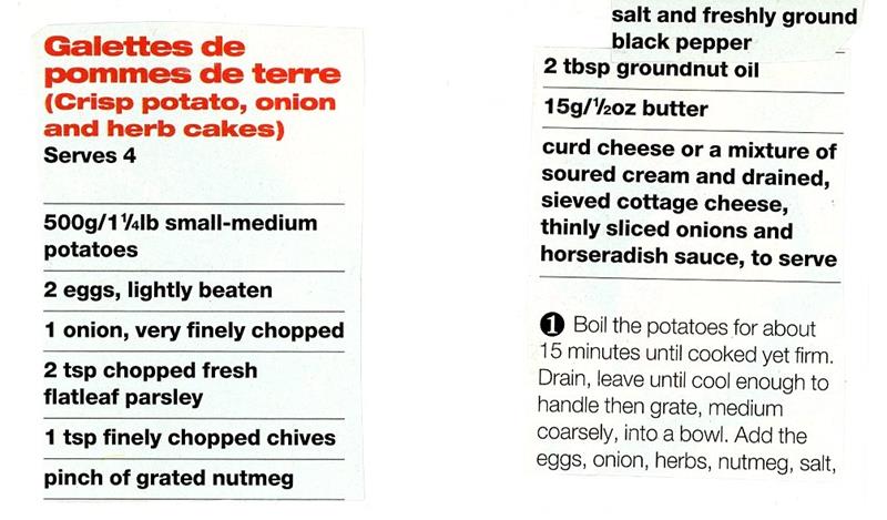 Scan 1 of 2 for Galettes de pommes de terre (Crisp potato, onion and herb cakes)