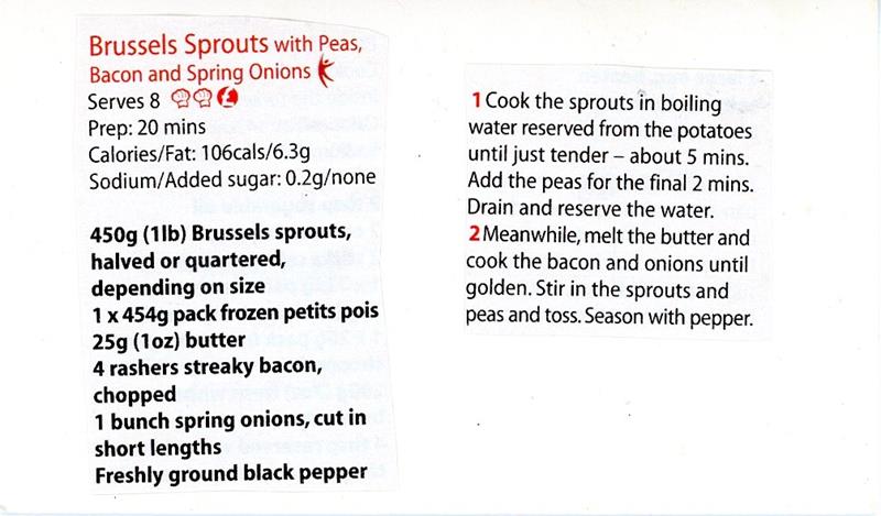 Scan 1 of 2 for Brussels Sprouts with Peas, Bacon and Spring Onions