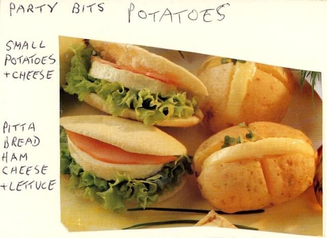 Scan 1 of 1 for Party Bits: Small Potatoes & Cheese / Pitta Bread with Ham, Cheese & Lettuce