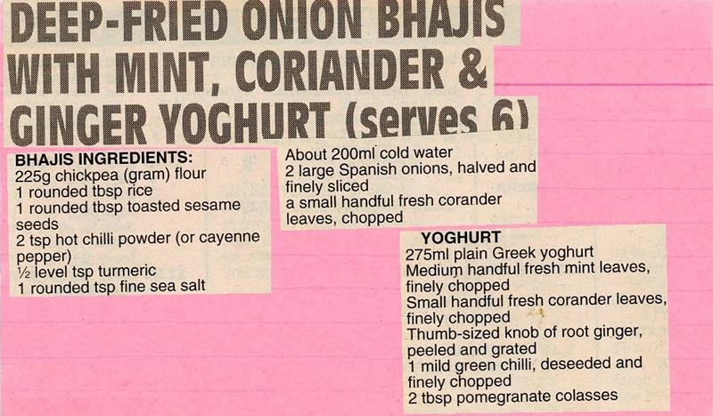 Scan 1 of 2 for Deep-Fried Onion Bhajis with Mint, Coriander & Ginger Yoghurt