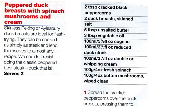 Scan 1 of 2 for Peppered Duck Breasts with Spinach, Mushrooms and Cream