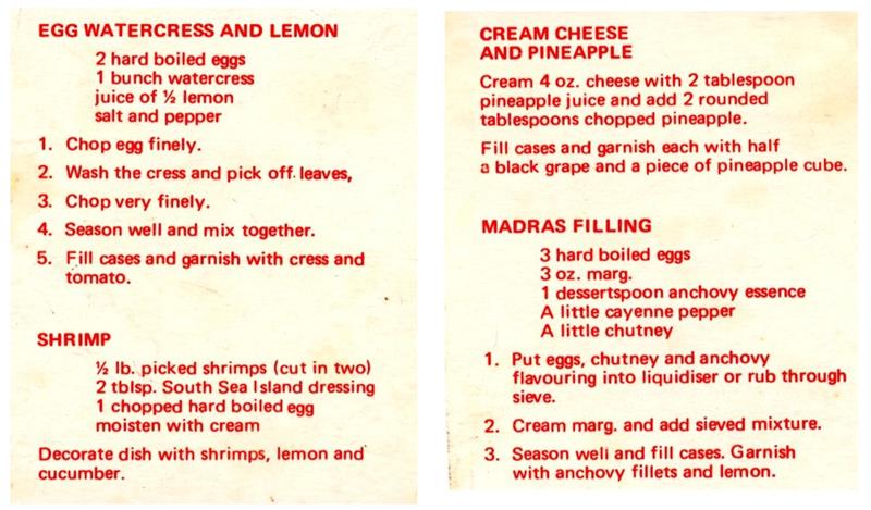 Scan 1 of 1 for Egg Watercress and Lemon / Shrimp / Cream Cheese and Pineapple / Madras Filling