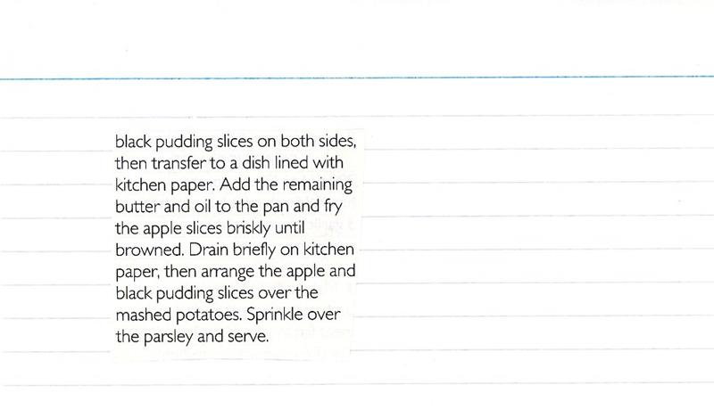 Scan 2 of 2 for Black Pudding with Apples and Mashed Potatoes