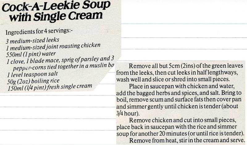Scan 1 of 1 for Cock-A-Leekie Soup with Single Cream